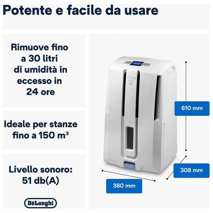 De'Longhi, Deumidificatore Tasciugo, 30L, Con Pompa, Grigio