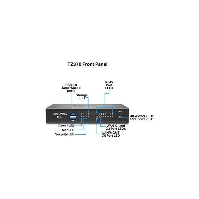 SonicWall TZ370 Firewall Hardware 3 Gbit-s VPN 1,3 Gbit-s IPS 1500 Mbit-s 8 porte LAN DPI DDoS Protection
