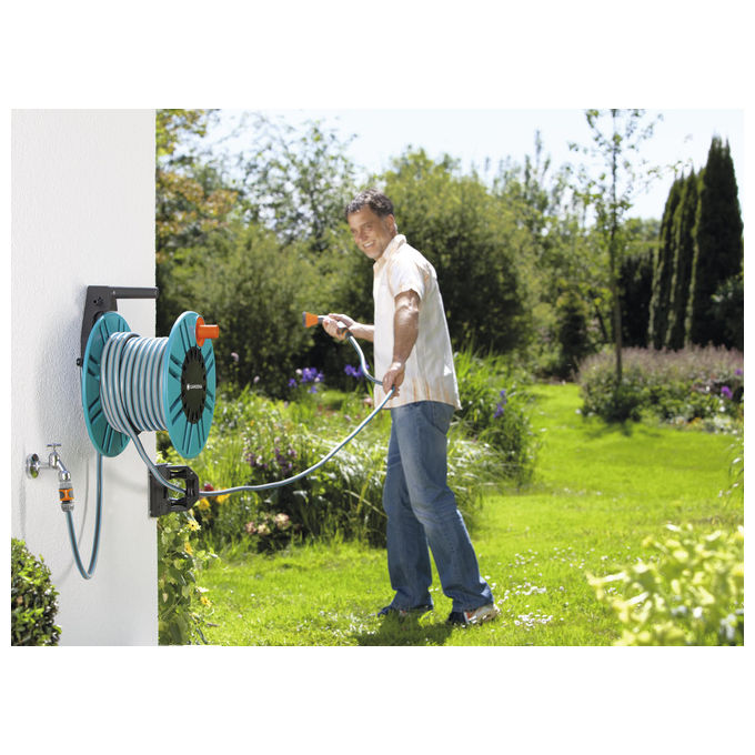 Gardena 2650-20 Classic Avvolgitubo a muro con rullo di guida 60 m colore Nero Turchese