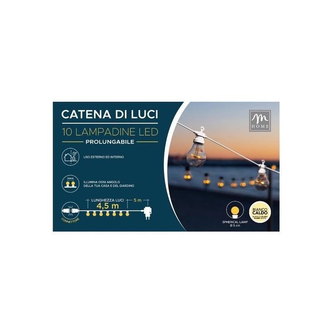 Mercury 02789 Catena Luminosa Prolungabile 10 Lampadine LED Bianco Caldo Diametro 80 mm Cavo 10 m colore Nero