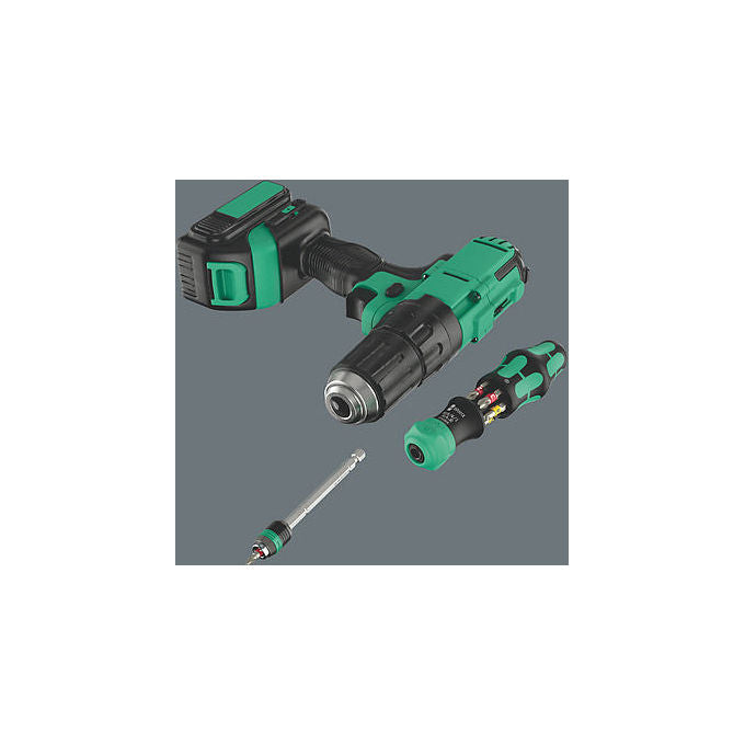 Wera 05051513001 Kraftform Kompakt 20 RA-R Set di bit con cricchetto integrato e 6 inserti PH PZ TORX Piatto lunghezza 25 mm materiale acciaio funzione cricchetto colore Nero-Verde