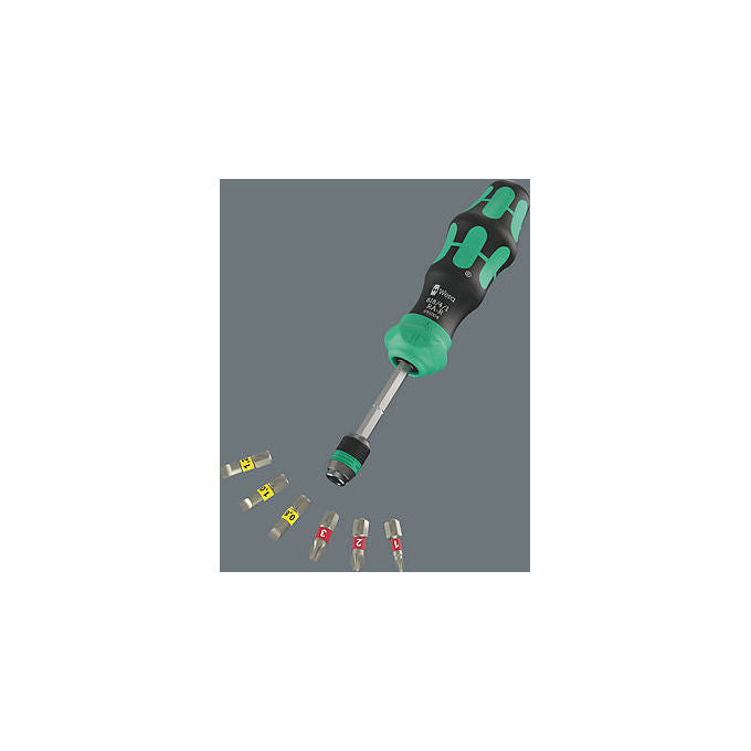 Wera 05051513001 Kraftform Kompakt 20 RA-R Set di bit con cricchetto integrato e 6 inserti PH PZ TORX Piatto lunghezza 25 mm materiale acciaio funzione cricchetto colore Nero-Verde