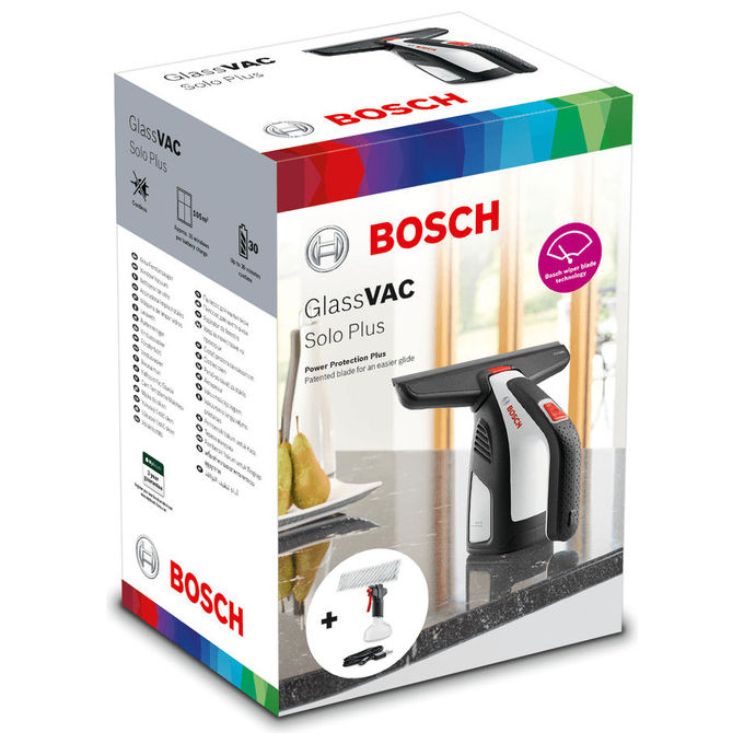 Bosch 06008B7200 GlassVAC Solo Plus Lavavetri Aspiragocce Elettrico a Batteria Autonomia 35 Finestre Tecnologia Tergicristallo Bosch Capacita' Serbatoio 100 ml Peso 0.7 Kg colore Nero