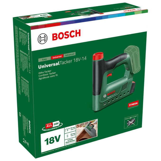 Bosch 06032A7000 UniversalTacker 18V-14 Pinzatrice elettrica a batteria 18 V con forza regolabile e imbastitura colore Verde