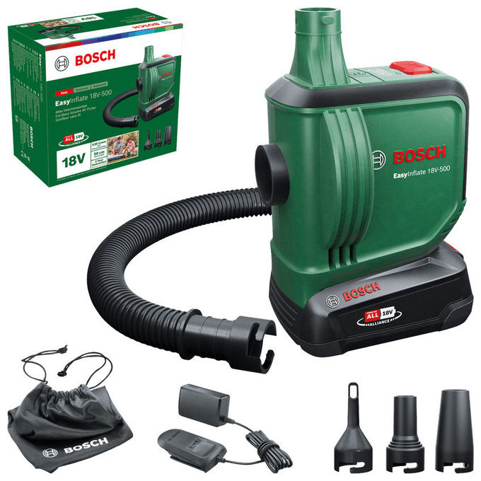 Bosch 0603947201 EasyInflate 18V-500 Pompa ad Aria Elettrica 530 l-min Pressione 0,03 bar con Batteria 18 V Flusso d'aria 530 l-min Tubo 0,5 m 3 Ugelli Borsa in Tessuto colore Verde