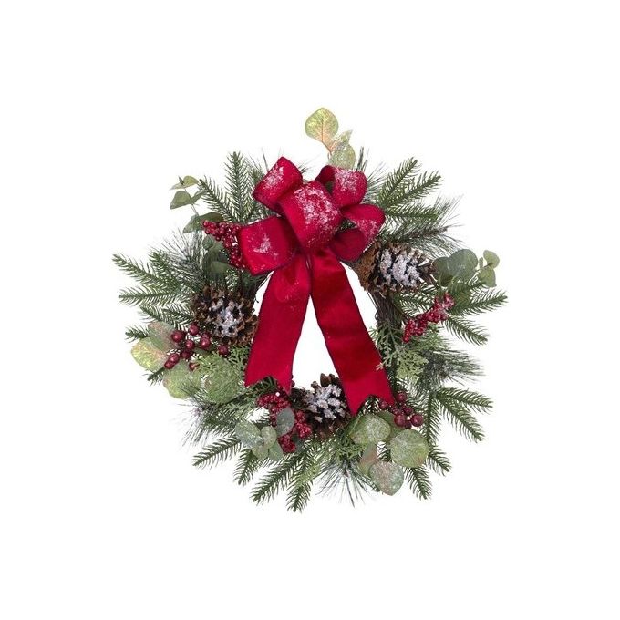 Amicasa 8009534716960 Corona natalizia con Pigne Bacche e Fiocco Verde e Rosso colore Multicolore