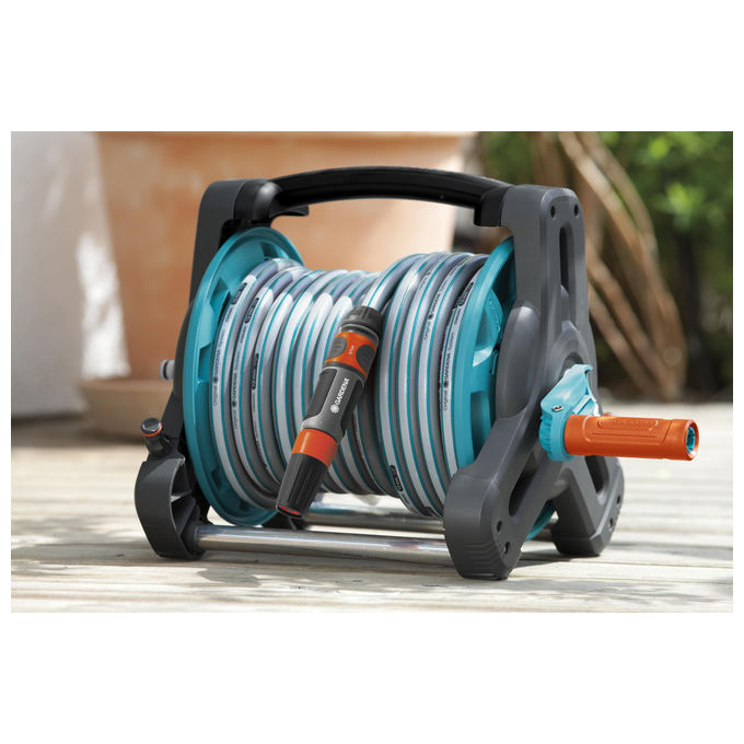 Gardena 8010-20 Classic Avvolgitubo da Terra Set Completo tubo 10 m diametro 13 mm con raccordi e lancia colore Multicolore