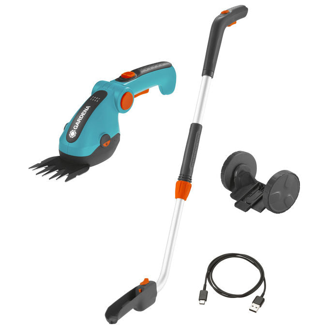 Gardena 09889-20 ComfortCut Li Set Forbici a Batteria per Erba Manico Telescopico Ruote 3,6V 8cm autonomia 80min colore Blu