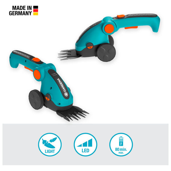 Gardena 09889-20 ComfortCut Li Set Forbici a Batteria per Erba Manico Telescopico Ruote 3,6V 8cm autonomia 80min colore Blu