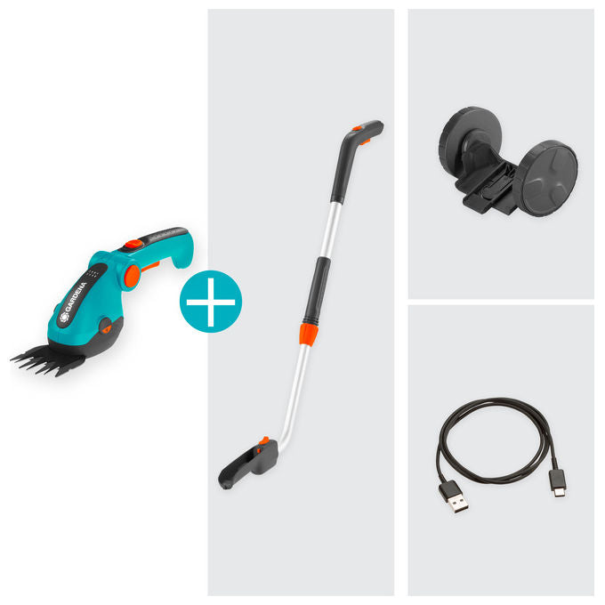 Gardena 09889-20 ComfortCut Li Set Forbici a Batteria per Erba Manico Telescopico Ruote 3,6V 8cm autonomia 80min colore Blu