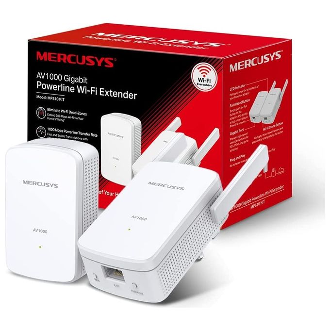 Mercusys MP510 KIT Powerline AV1000 HomePlug AV2 Wi-Fi N300 Gigabit Ethernet 2 Antenne Esterne 1000 Mbit-s colore Bianco