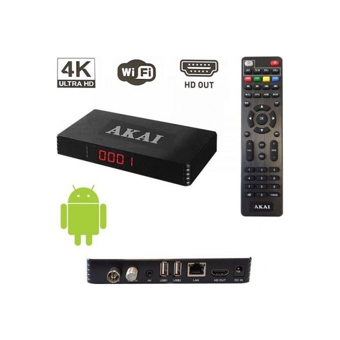 Akai AKDVBTBOXSMAR Decoder DVB-T2 DVB-S2 Combo Terrestre Satellitare Android Smart 2 Tuner 4K Ultra HD 2 GB RAM BonusOK colore Nero