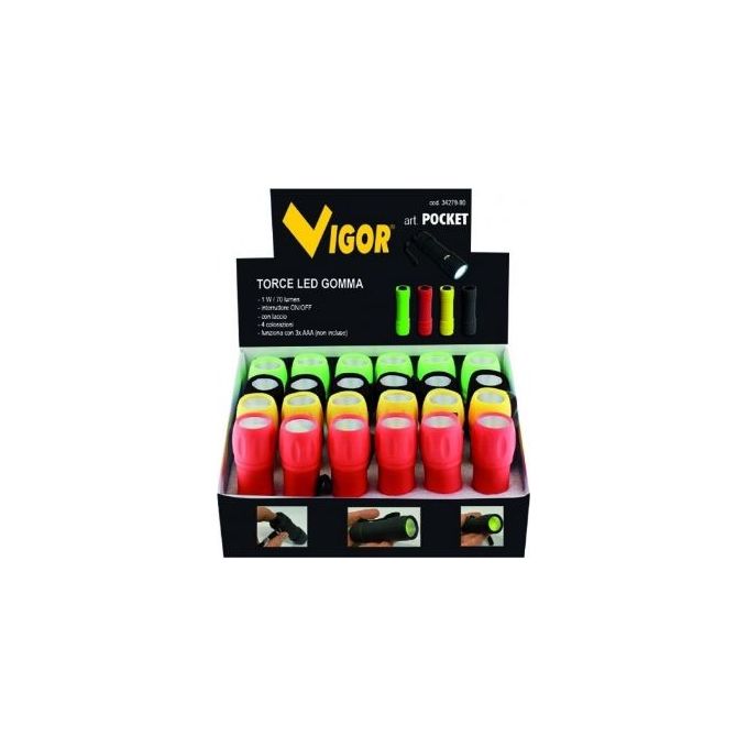 Vigor 3427990 Espositore con 24 Torce LED in Gomma Colori Assortiti colore Misto