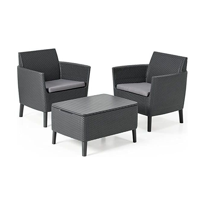 Keter 236631 Salemo Set da Balcone 2 Poltrone con Cuscini e Tavolino Contenitore in Resina colore Grafite