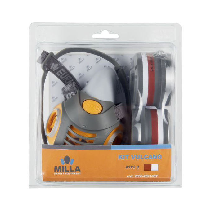Milla 2000-2595 Vulcano Maschera Respiratoria Bifiltro Kit Filtri A1B1E1K1P3 ABEK1P3 Uso Agricolo Industriale