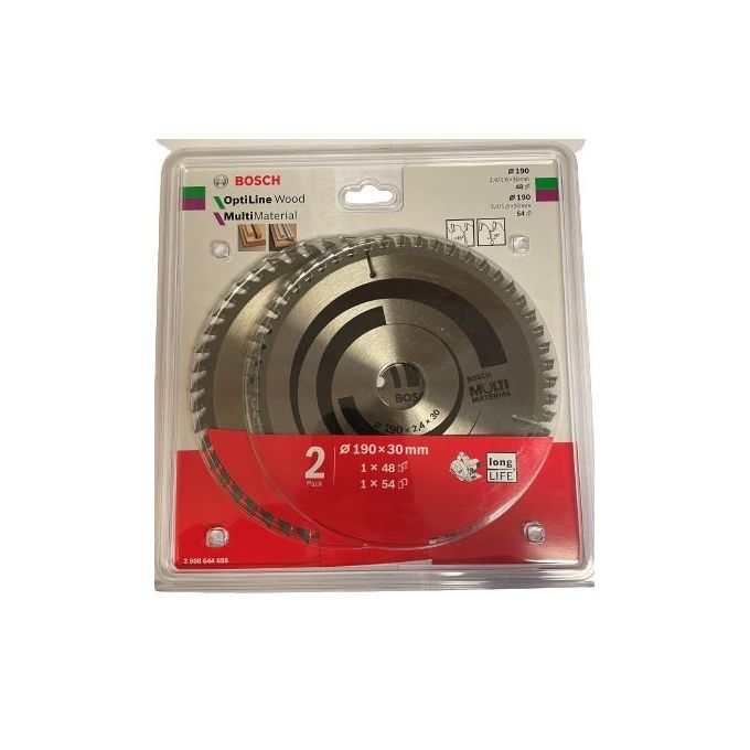 Bosch 2608644655 Optiline Wood + Multi Material Saw Blade Set Diametro 190 mm Foro 30 mm 48 denti + 54 denti colore Nero