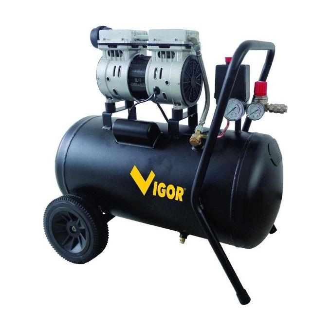 Vigor VCA-S50 Compressore Silent 50 L 750W 2 Cilindri Trasmissione Diretta 230V Senza Olio 59 dB