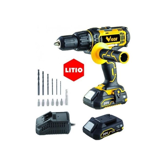 Vigor 9020026 VI-T20PLI Trapano Avvitatore a Percussione 20V 1.5Ah 2 Batterie Litio 50 Nm Mandrino 13 mm Valigetta con Accessori