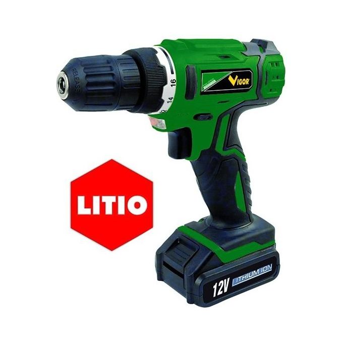 Vigor-Blinky 9064230 Green Line Trapano Avvitatore a Batteria Litio 12V 800 mAh Mandrino 10 mm Frizione 16+1 Luce LED 2 Kg