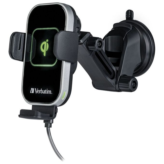 Verbatim 49553 FWC-02 Supporto per Cellulare Auto con Ricarica Wireless Qi Fast 15 W Rotazione 360° Apertura Automatica Ventosa e Supporto per Griglia colore Nero