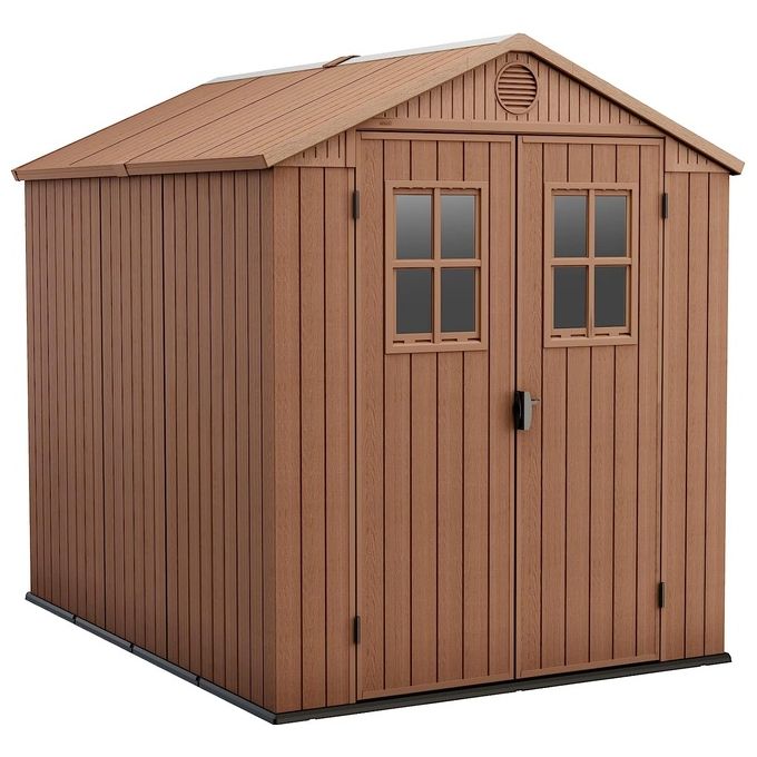 Keter K255781 Darwin Casetta da Giardino Effetto Legno 4,5 m² con Finestre Frontali e Porta a Doppia Anta (190x244x221 cm) colore Marrone