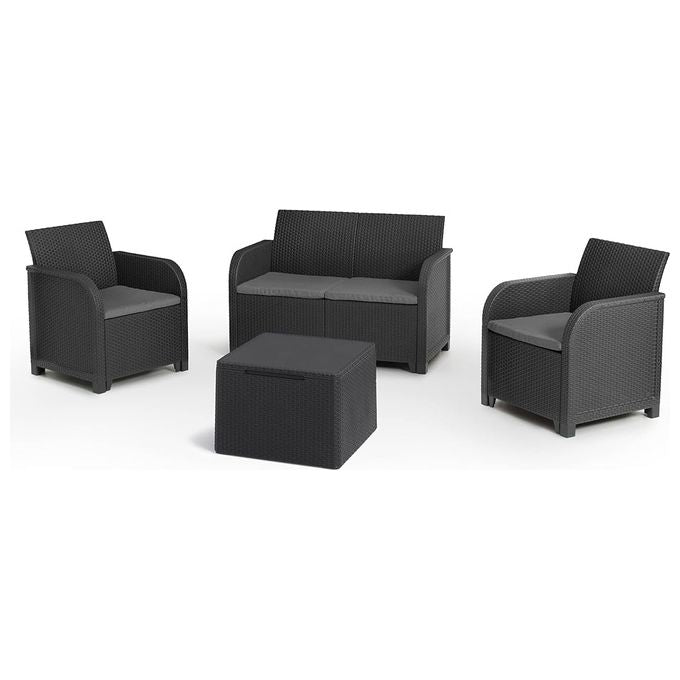 Keter K254087 Rosalie Lounge Set Salotto da Giardino Divano 2 Poltrone Tavolino Contenitore colore Grafite