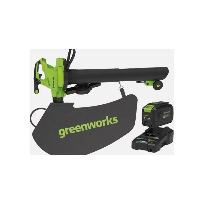 Greenworks GD48BVIIK4 Soffiatore Aspirafoglie a Batteria 48V 4Ah Li-Ion Brushless 396 km-h con Triturazione Sacco 45 L