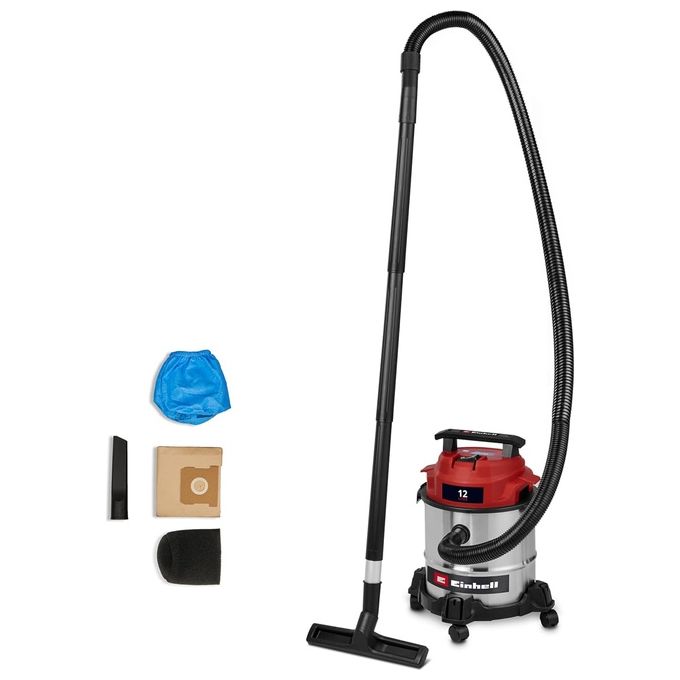 Einhell 2347400 TC-VC 1240 S Bidone Aspirasolidi e Liquidi 950 W 180 mbar Serbatoio Inox 12 L 4 Ruote Orientabili Funzione Soffiaggio