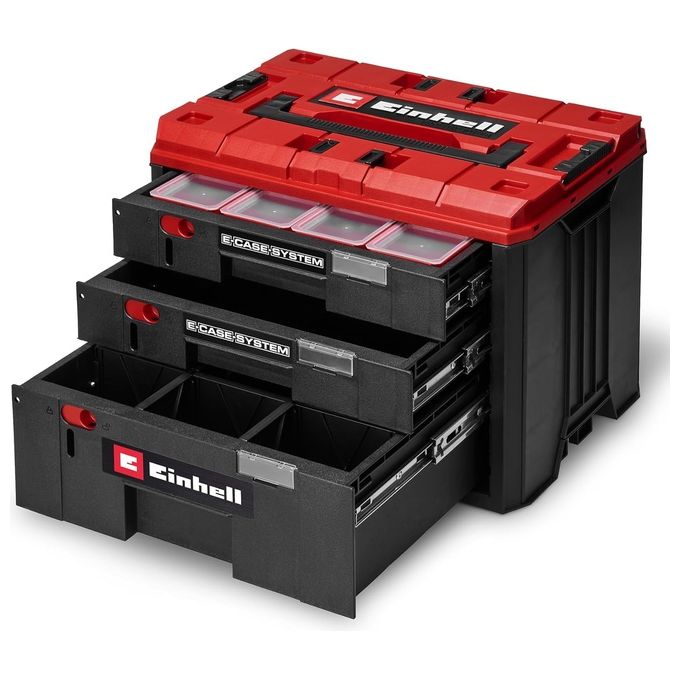 Einhell 4540047 E-Case Cassettiera Modulare con 3 Cassetti 20 Kg per Cassetto 60 Kg Carico Totale Impugnatura Ergonomica Sistema di Bloccaggio colore Nero