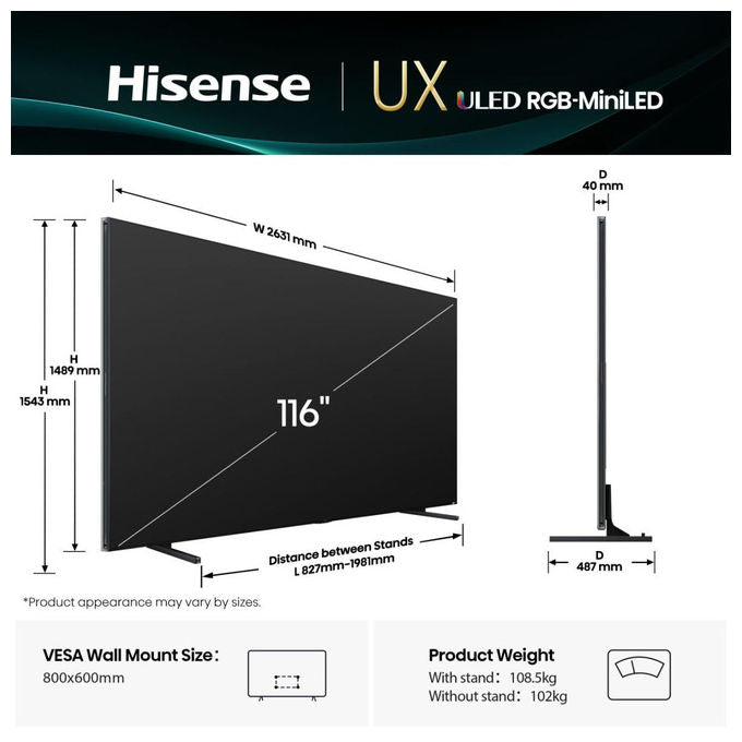 Hisense 116UXQ Smart TV Mini LED ULED 116'' 4K UHD 165 Hz 8000 nit Dolby Atmos Wi-Fi 6 colore Nero