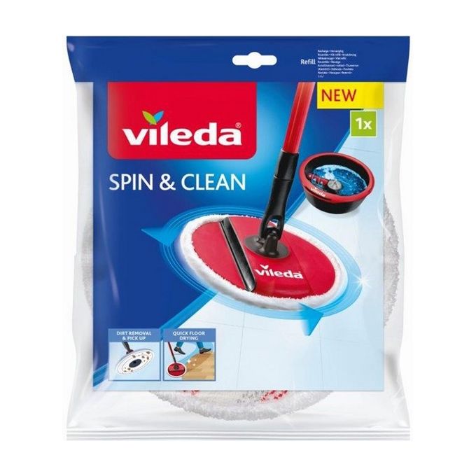 Vileda 161822 Spin and Clean Ricambio Spinmop Mocio Microfibra Fibre Rosse e Grigie Lavabile 60°C colore Bianco