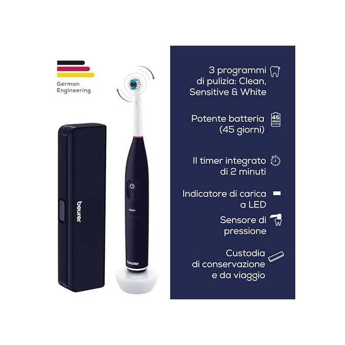 Beurer TB 50 Spazzolino elettrico oscillante 3D 3 modalita' timer 2 min autonomia 45 giorni sensore pressione colore Bianco