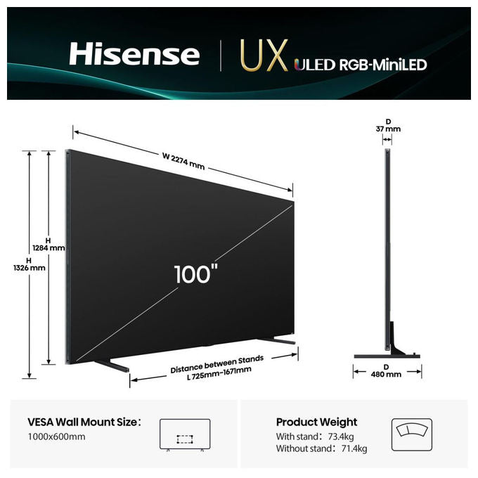 Hisense 100UXQ Smart TV Mini LED ULED 100'' 4K UHD 165 Hz Dolby Vision FreeSync Premium Pro VIDAA colore Nero