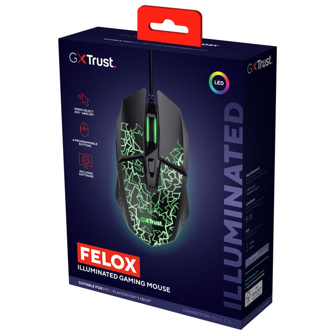Trust 10123717 Felox Gaming Mouse Sensore di precisione Regolabile Profilo sagomato colore Nero