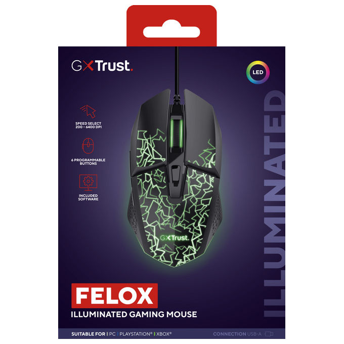 Trust 10123717 Felox Gaming Mouse Sensore di precisione Regolabile Profilo sagomato colore Nero