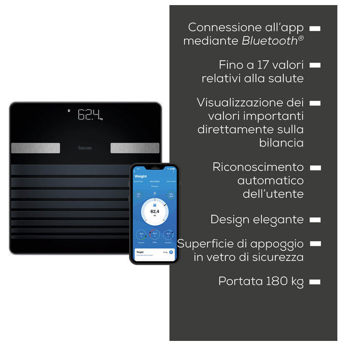 Beurer BF451BT Bilancia Pesapersone Diagnostica Bluetooth 17 Parametri BIA 8 Utenti 180 Kg colore Nero