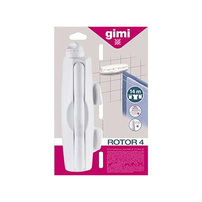 Gimi Rotor 4 Stendibiancheria da Parete in Resina con Filo Retrattile Automatico e Sistema di Bloccaggio 14 Metri Stendibili