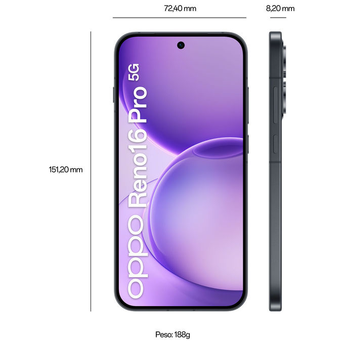 Oppo 110010237194 Reno16 Pro 5G AI Smartphone 200+50+50MP Tripla Fotocamera 50MP Selfie 6.32'' 120Hz AMOLED FHD+ 6000mAh 12GB RAM 512GB ROM colore Nero