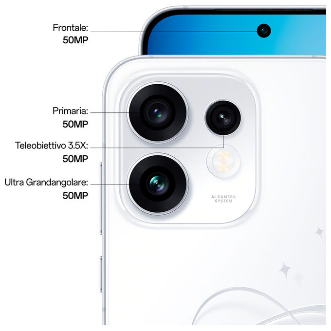Oppo 110010237512 Reno16 5G Smartphone Tripla fotocamera 50MP+50MP+50MP Selfie 50MP Display 6.32 AMOLED 120Hz RAM 8GB ROM 512GB Batteria 6000mAh colore Bianco