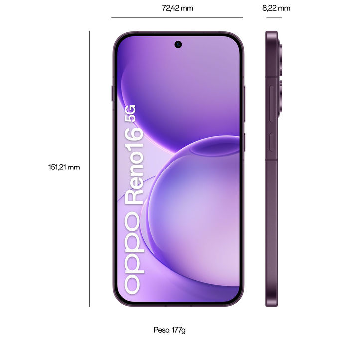 Oppo 110010237513 Reno16 5G Smartphone Tripla Fotocamera 50MP+50MP+50MP Display 6.32'' AMOLED 120Hz RAM 8GB ROM 512GB Batteria 6000mAh Ricarica 80W colore Viola