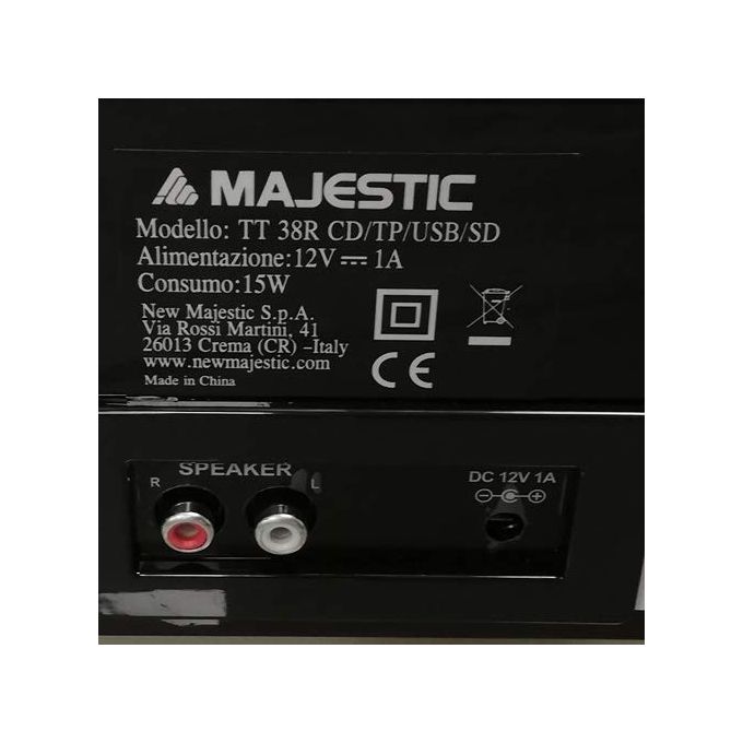 Majestic TT 38R Giradischi 33-45-78 Giri Lettore CD-MP3 Cassetta Ingresso USB-SD Recorder Nero