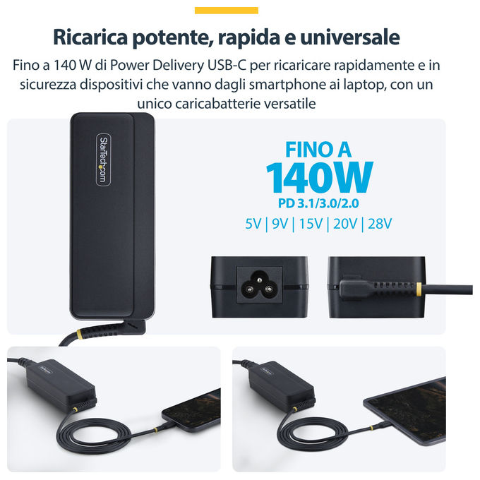 Startech MPN140GANNERO Adattatore di alimentazione GaN 140 W Power Delivery 3.1 USB-C 5 A colore Nero