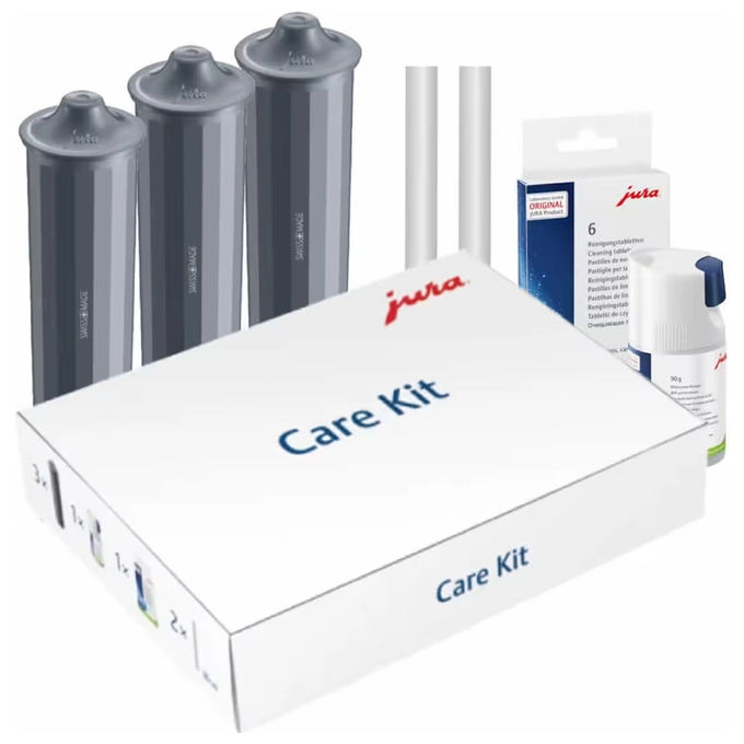 Jura 25065 Care Kit V3 Kit di Manutenzione per Macchina da Caffe' 3 Filtri Claris Smart 1 Detergente per Sistema del Latte 6 Compresse per la Pulizia 2 Tubi del Latte colore Nero