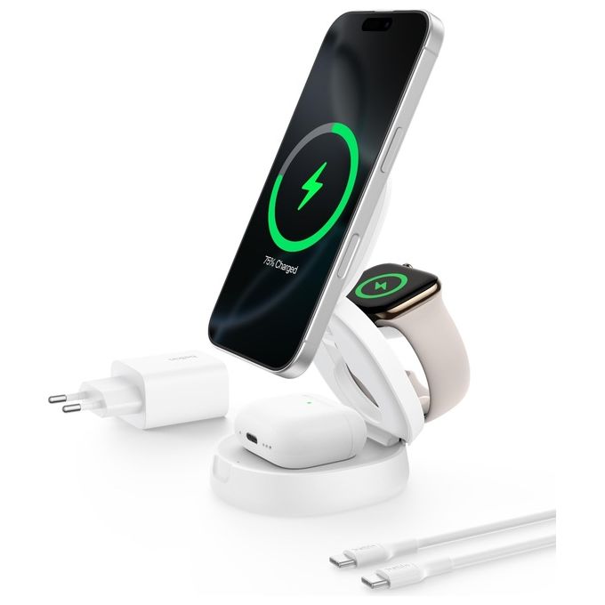 Belkin WIZ035KQWH BoostCharge Induzione Magnetica 2 in 1 per Dispositivi Qi2 e MagSafe Fino a 15 W colore Bianco