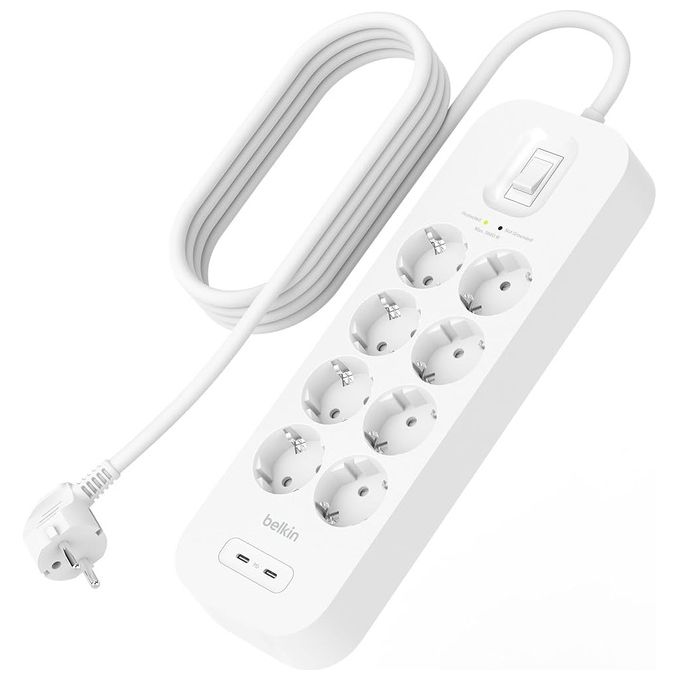 Belkin SRB004VF2M Surge Protection con 8 Prese CA e 2 USB-C 30W PD 900 J Cavo 2 m colore Bianco