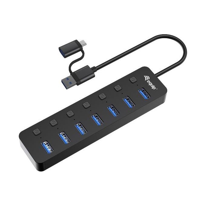 EQUIP 128965 Hub USB 3.2 Gen 1 a 7 porte con alimentatore USB-C 5 Gbps interruttori LED colore Nero