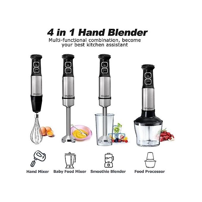 Black+decker BXHBA1200E Frullatore ad Immersione 1200W 20 Velocita' Turbo 4 Lame Inox Tritatutto 350ml Bicchiere 500ml Frusta BPA Free colore Nero