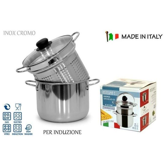 Sacim SCM600657 Pastissima con Coperchio in Vetro Pentola per Cottura in Acciaio Inox Diametro 65.6 cm Capacita' 4 L Adatta a Tutti i Piani Cottura incluso Induzione colore Nero