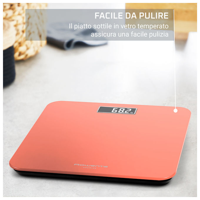 Rowenta BS1803V0 Premiss 2.0 Bilancia Pesapersone Digitale 160 Kg Vetro Temperato Display LCD colore Arancione