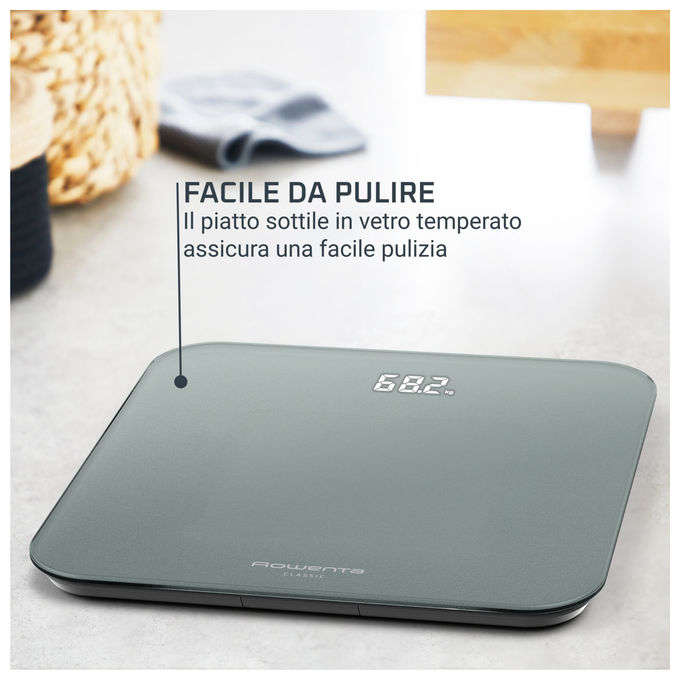 Rowenta BS1903V0 Classic 2.0 Bilancia Pesapersone Digitale Display LED Invisibile 180 Kg Vetro Temperato 31x31 cm colore Eucalipto